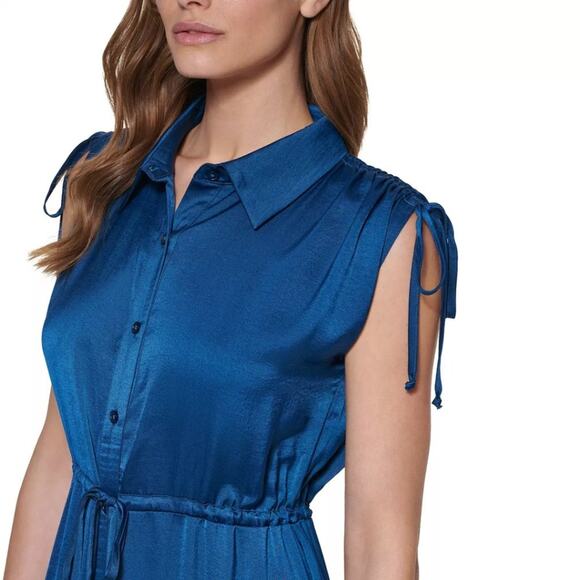 DKNY Tie-Shoulder Collared Button-Down Midi Dress in Dark Jade – NWT Size 12 - Picture 2 of 4